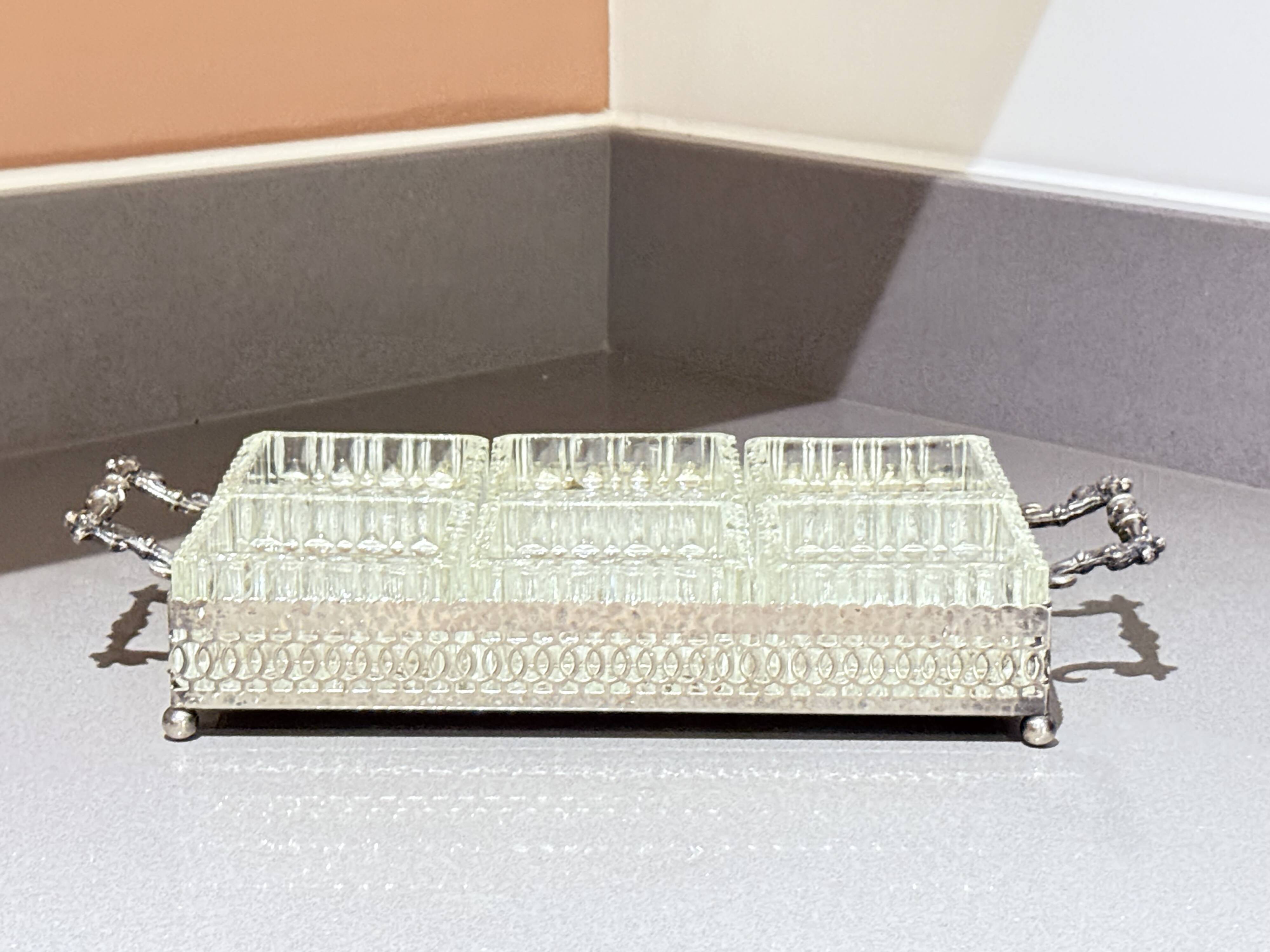 Silver-Plated Tray with Six Cut Glass Dishes, Vintage Entertaining Set