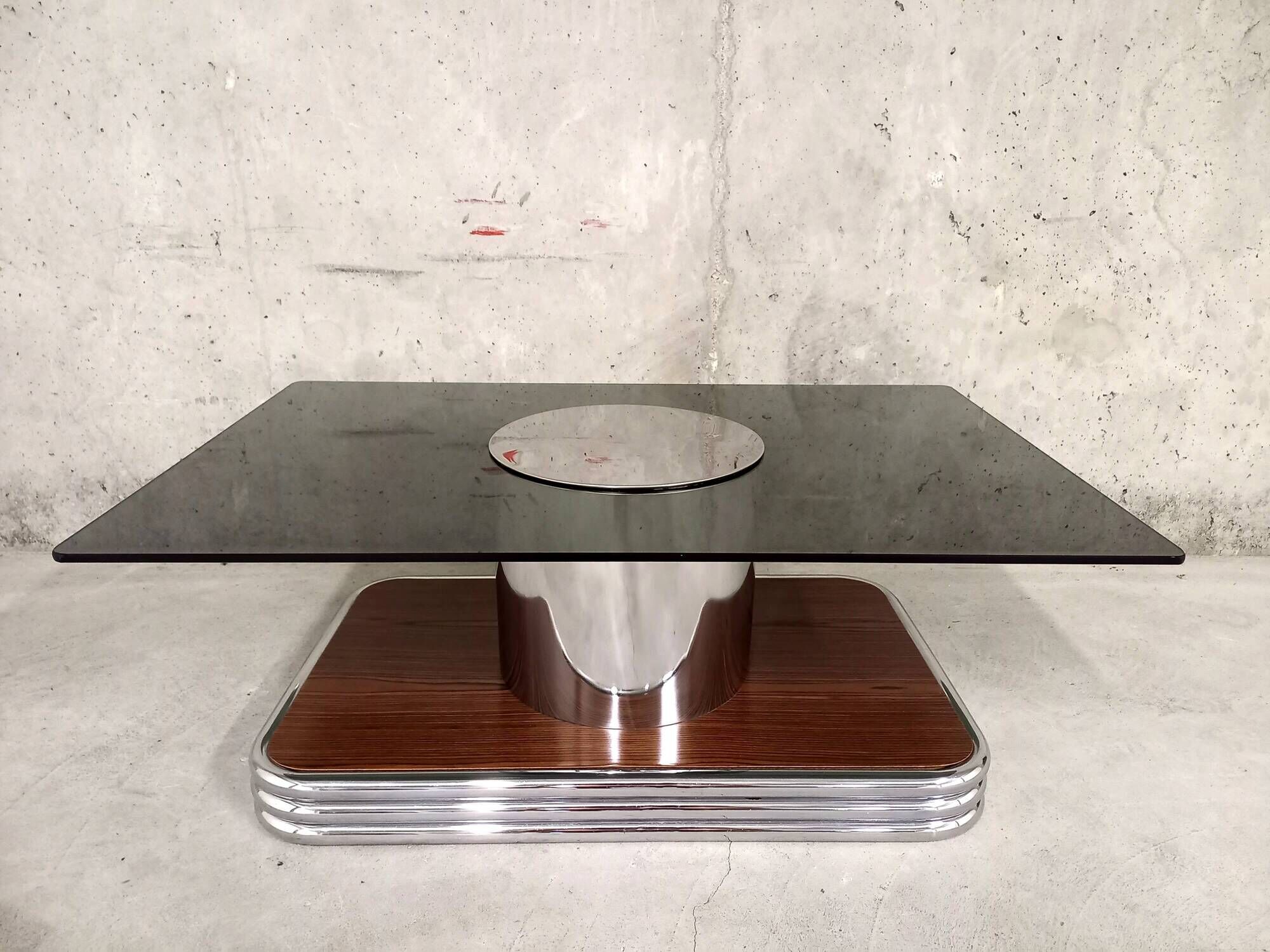Vintage coffee table in smoked glass, chrome metal and wood décor 60s 70s