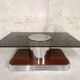 Vintage coffee table in smoked glass, chrome metal and wood décor 60s 70s