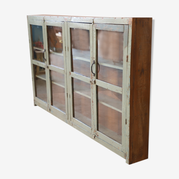 Enfilade vitrine étagère en teck birman avec patine verte d'origine / 4 portes vitrées