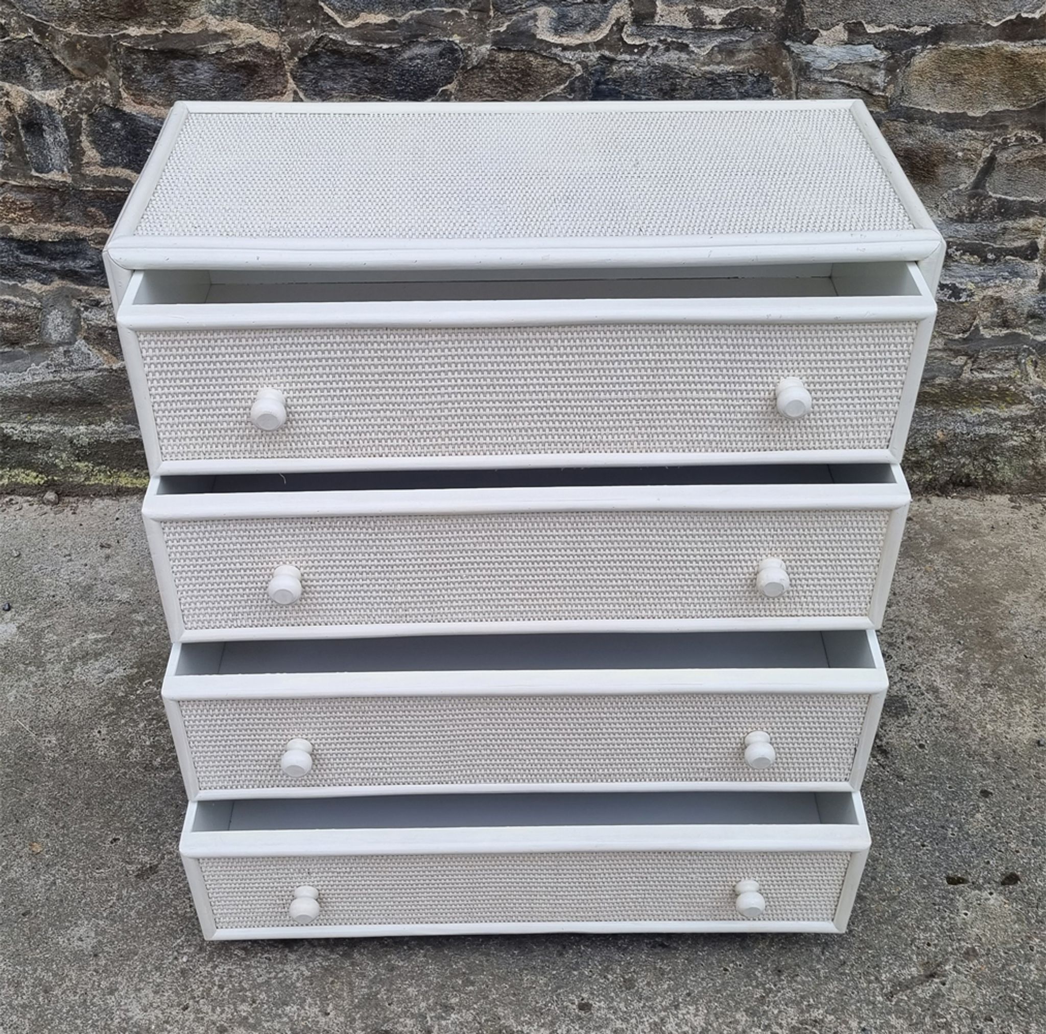 White Maugrion chest of drawers, wood and rattan, 80s