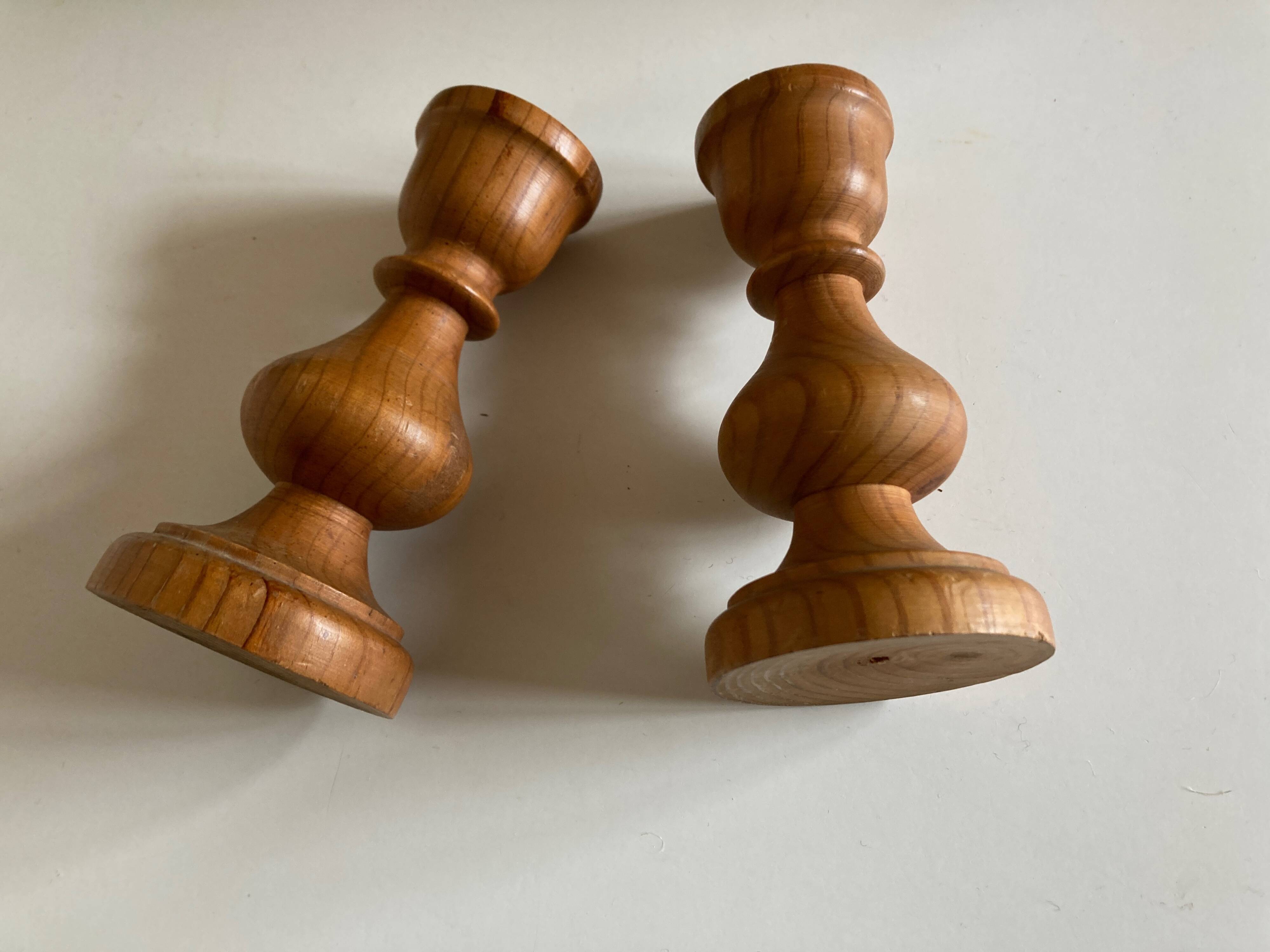 Pair of turned wooden baluster candlesticks, Scandinavian 1970s.