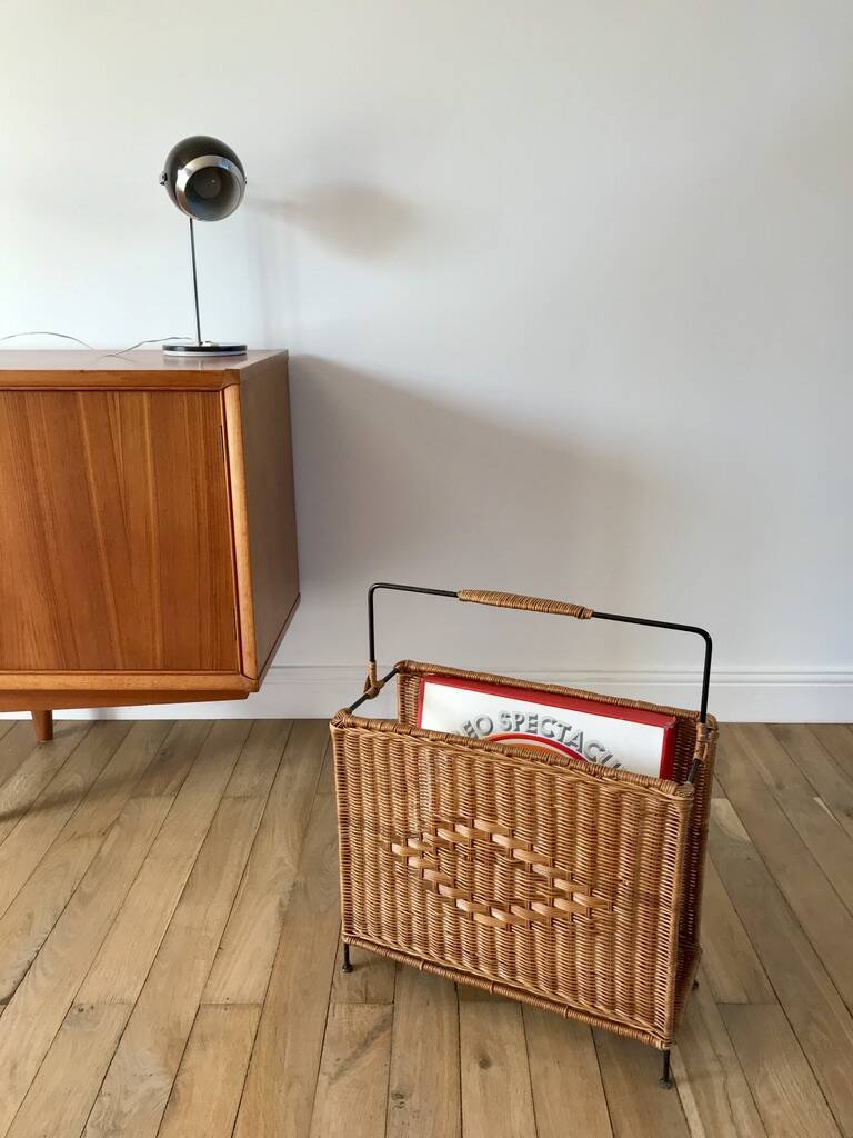 large wicker / rattan and black iron magazine rack from the 70s