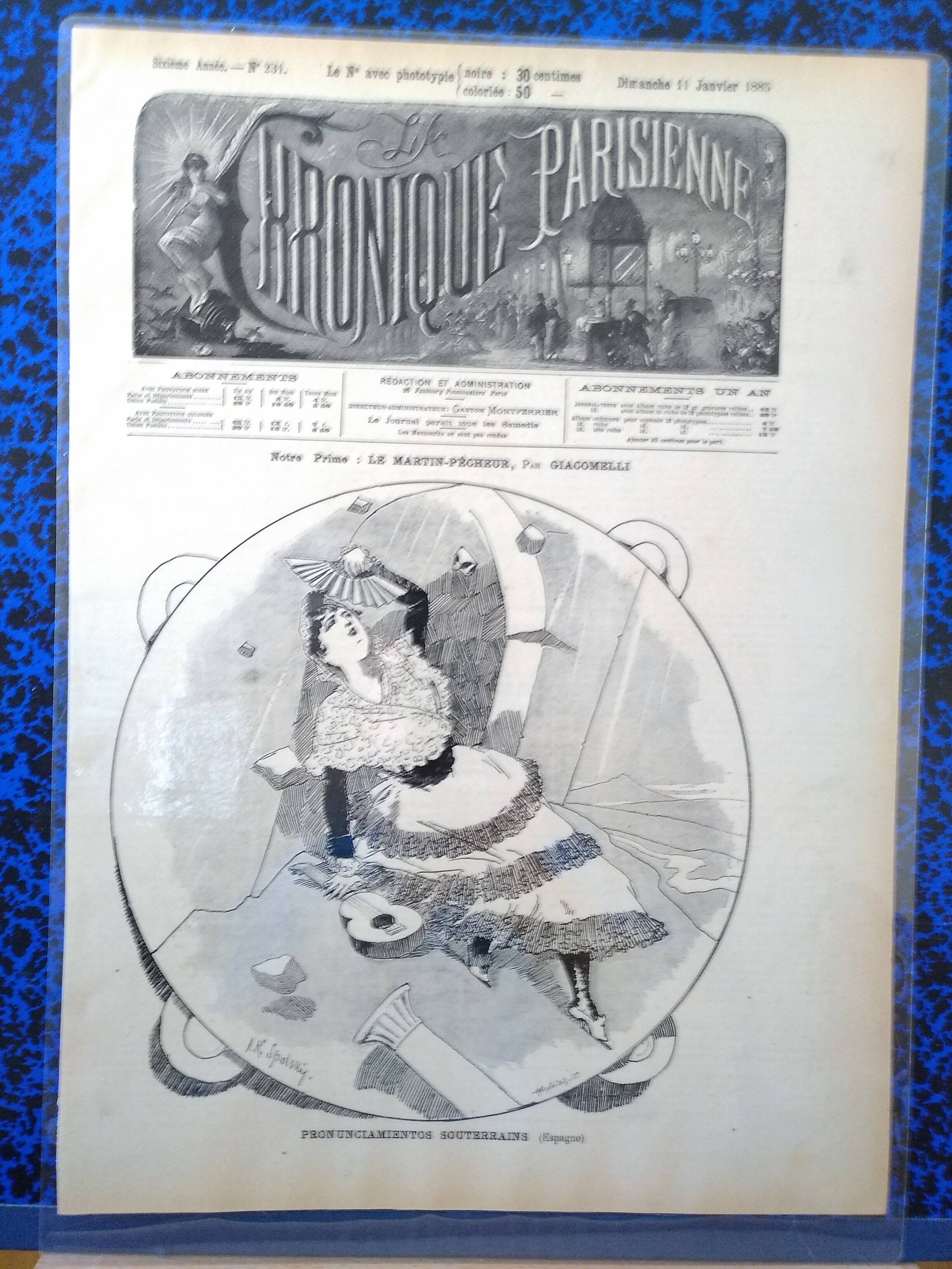A drawing illustration from period magazine chronique parisienne 1885