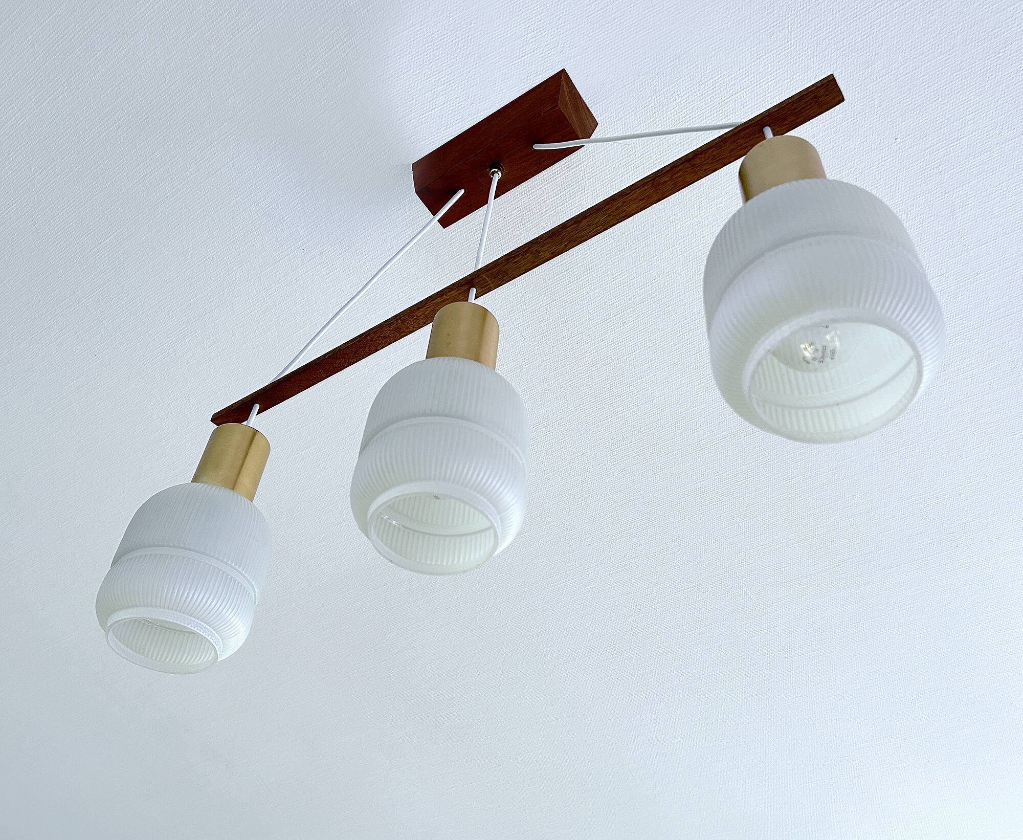 Vintage Scandinavian Pendant Light Teak Glass