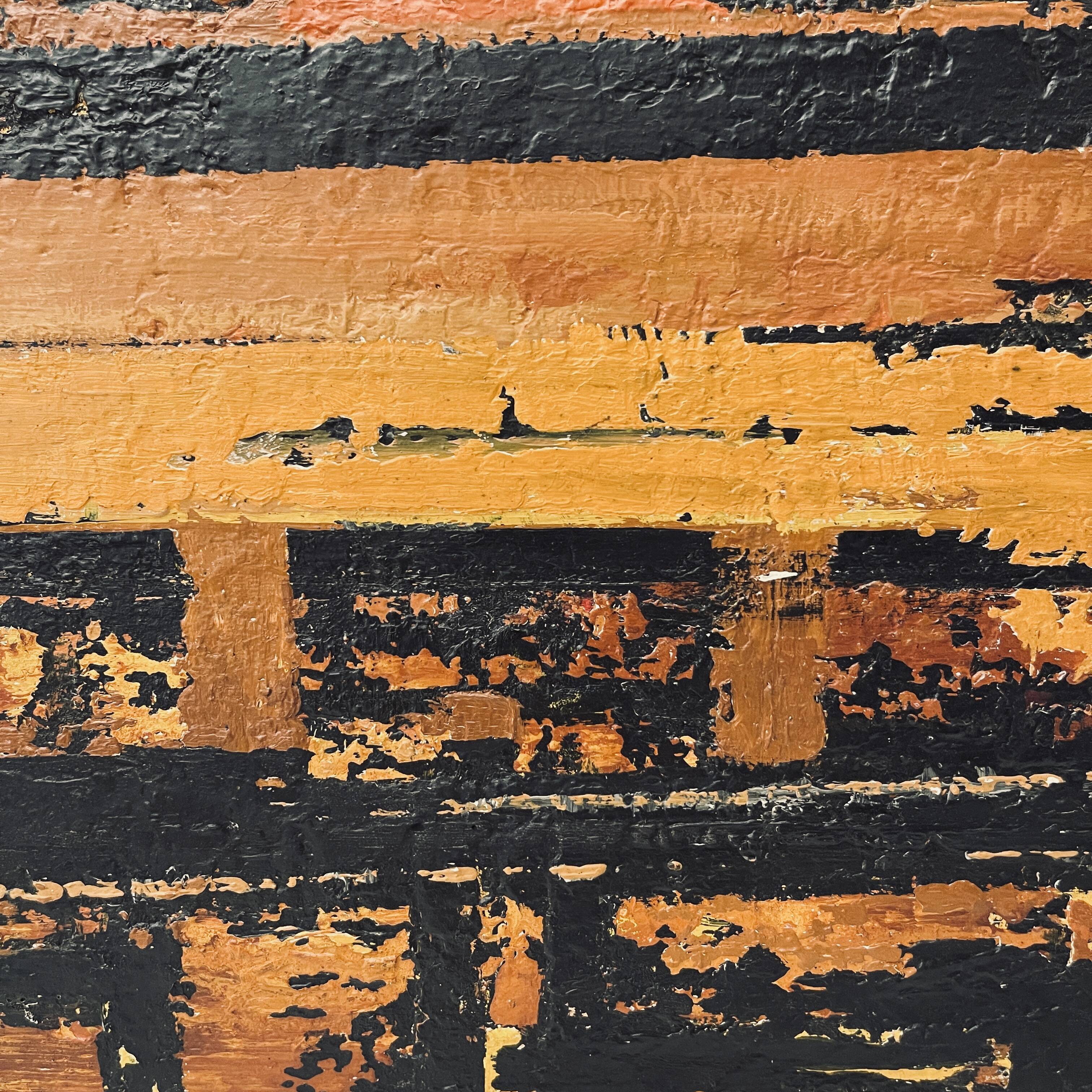 Orange and black abstract painting, oil on panel, Serge Detriaux, 1998