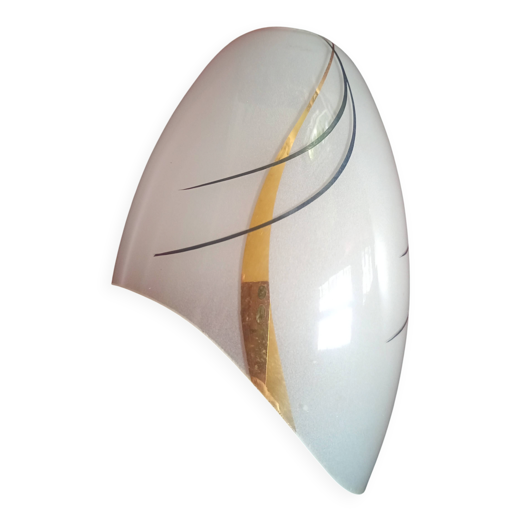 Tulipe abat-jour oblique verre dépoli - motif trait noir & dorure - vintage