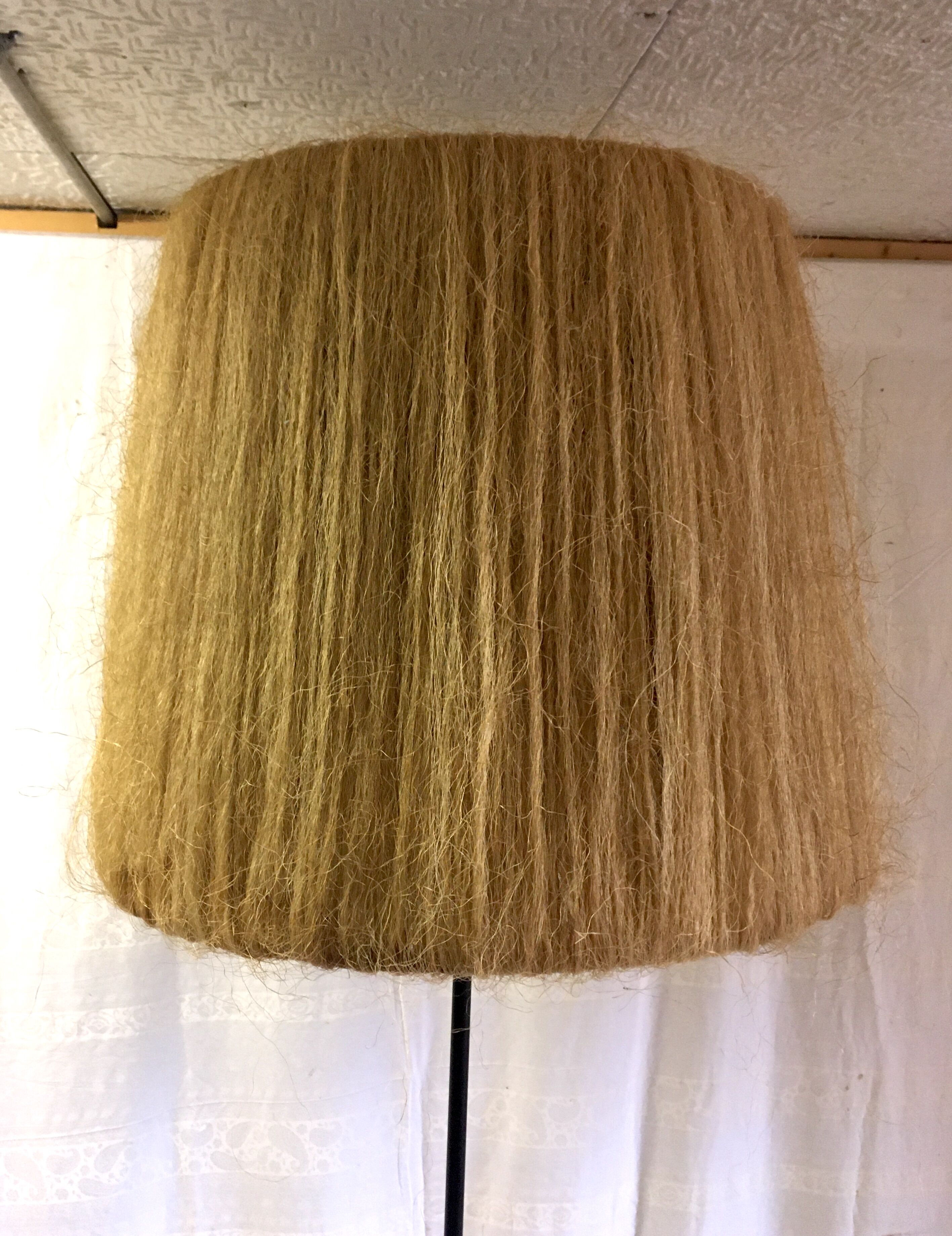 Black metal tripod lamppost and sisal-mid lampshade, 20th