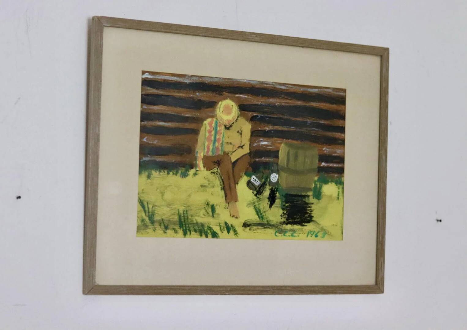 Peinture à l'huile sur panneau suédoise « Homme assis » 1963