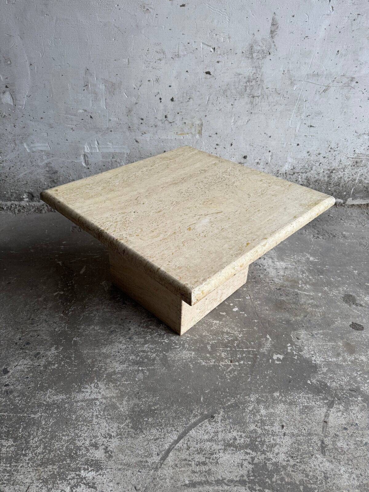 Natural beige travertine coffee table from the 1970s — minimalist Italian design, solid square top