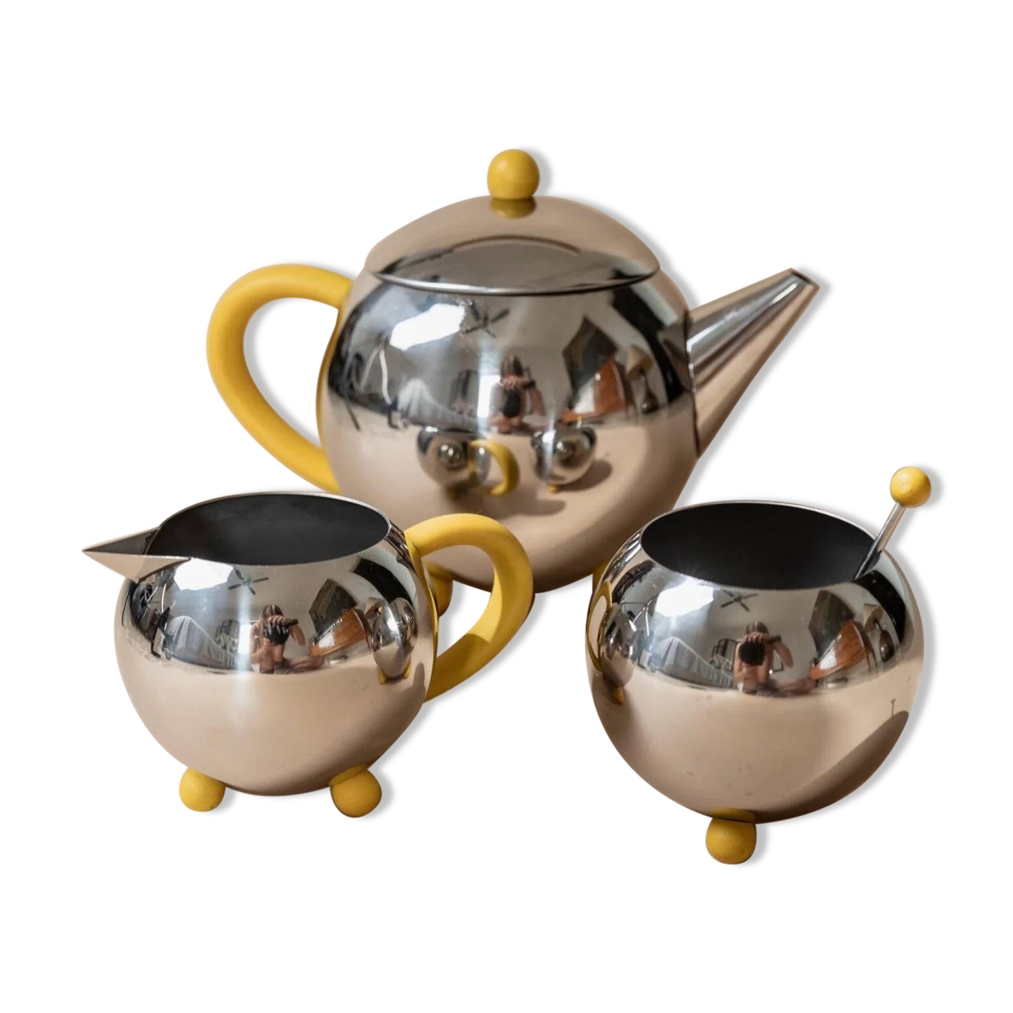 Space Age Vintage 1980s Stainless Steel Tea and Coffee Set with Yellow Accents Teapot Creamer and Sugar Bowl