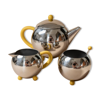 Space Age Vintage 1980s Stainless Steel Tea and Coffee Set with Yellow Accents Teapot Creamer and Sugar Bowl