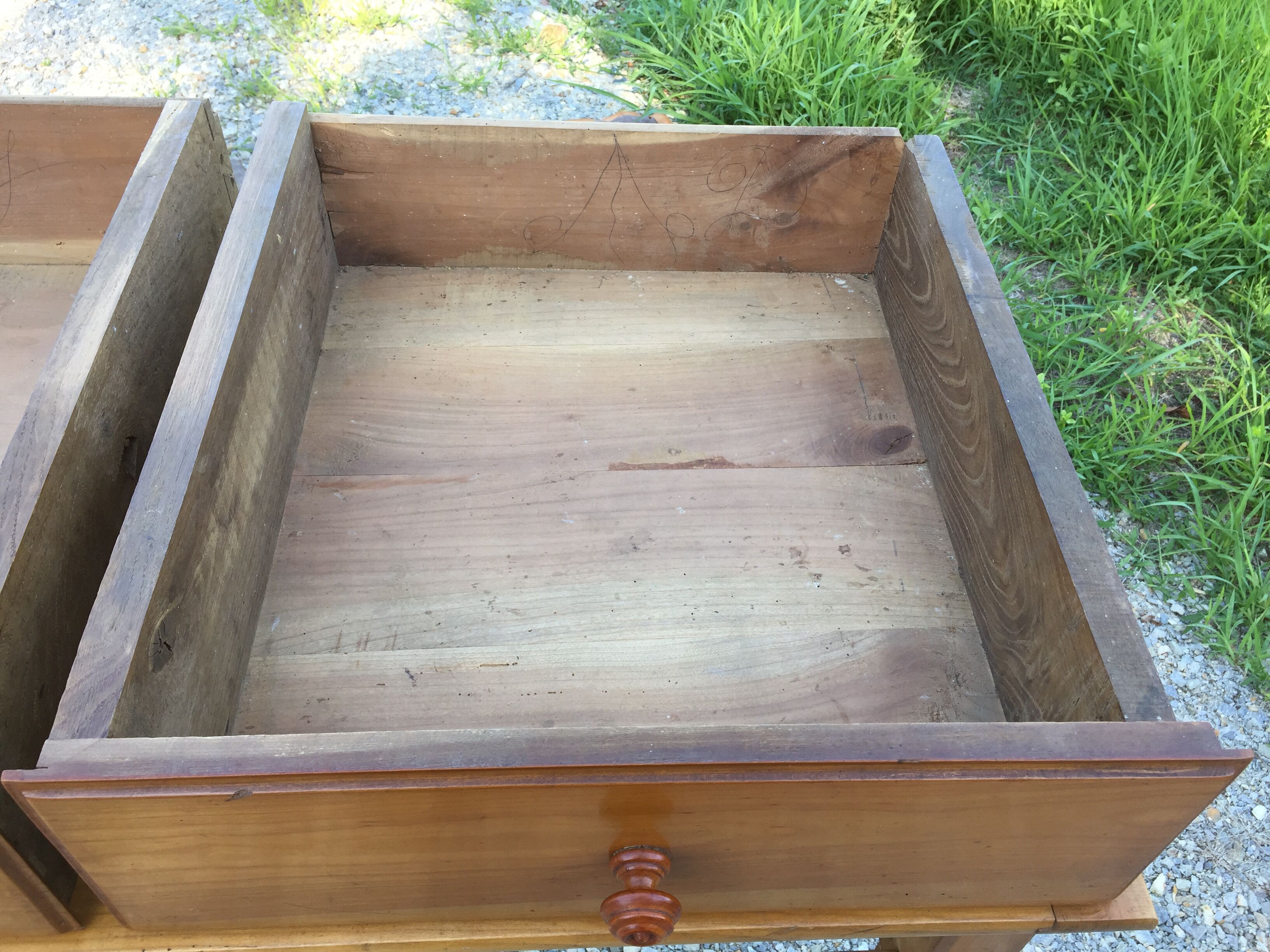 Old farmhouse table louis Philippe style in solid cherry with turned feet.