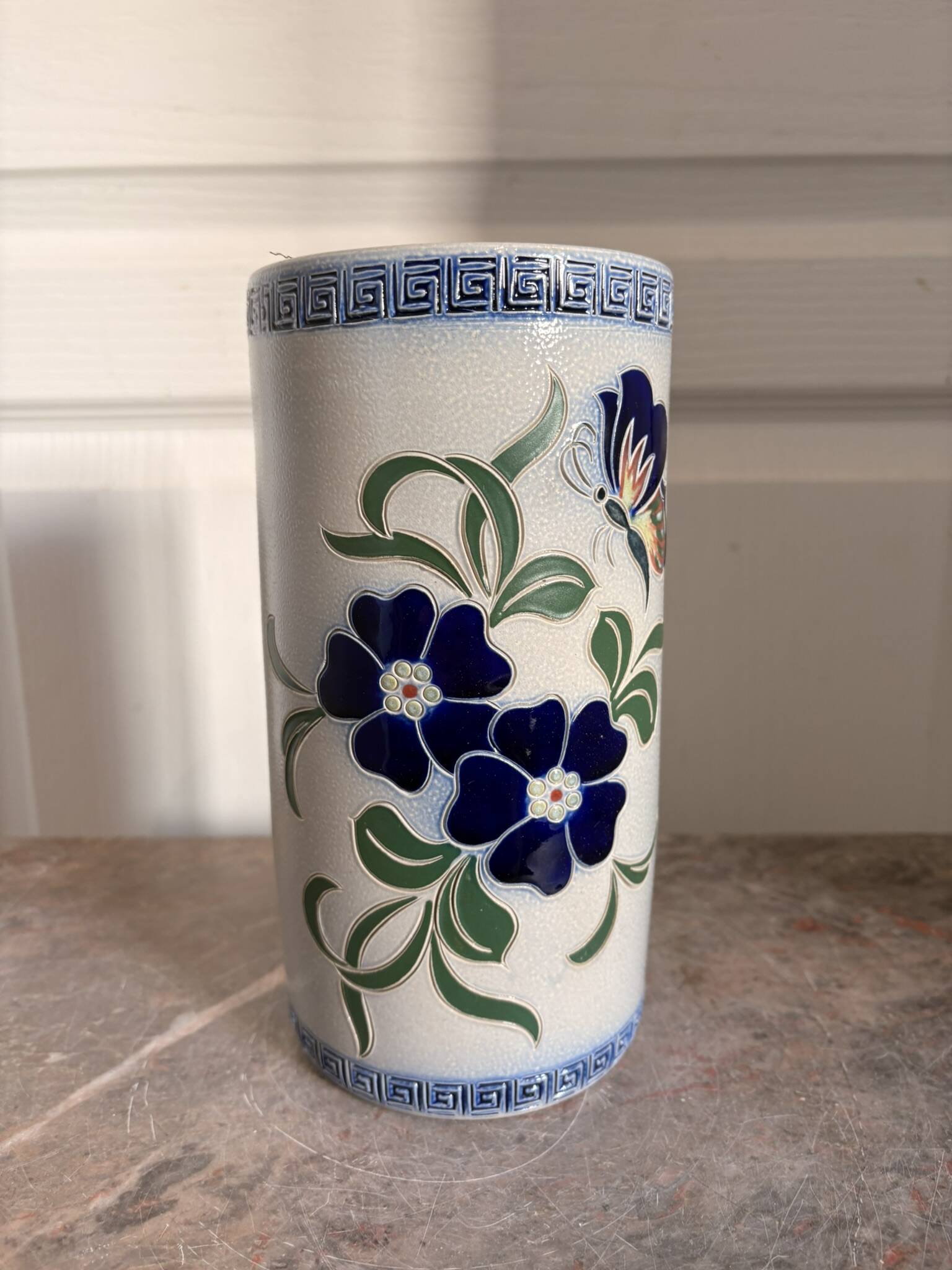 Old Stoneware Vase Ceramic Alsace Flowers Signed Paul Schmitter 1994 Unique