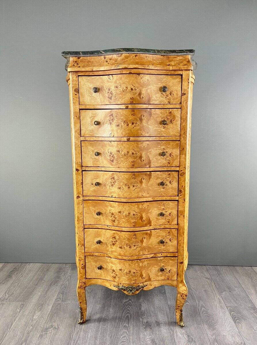 Commode Meuble De Rangement Louis XV En Loupe De Thuya Et Marbre, époque XI