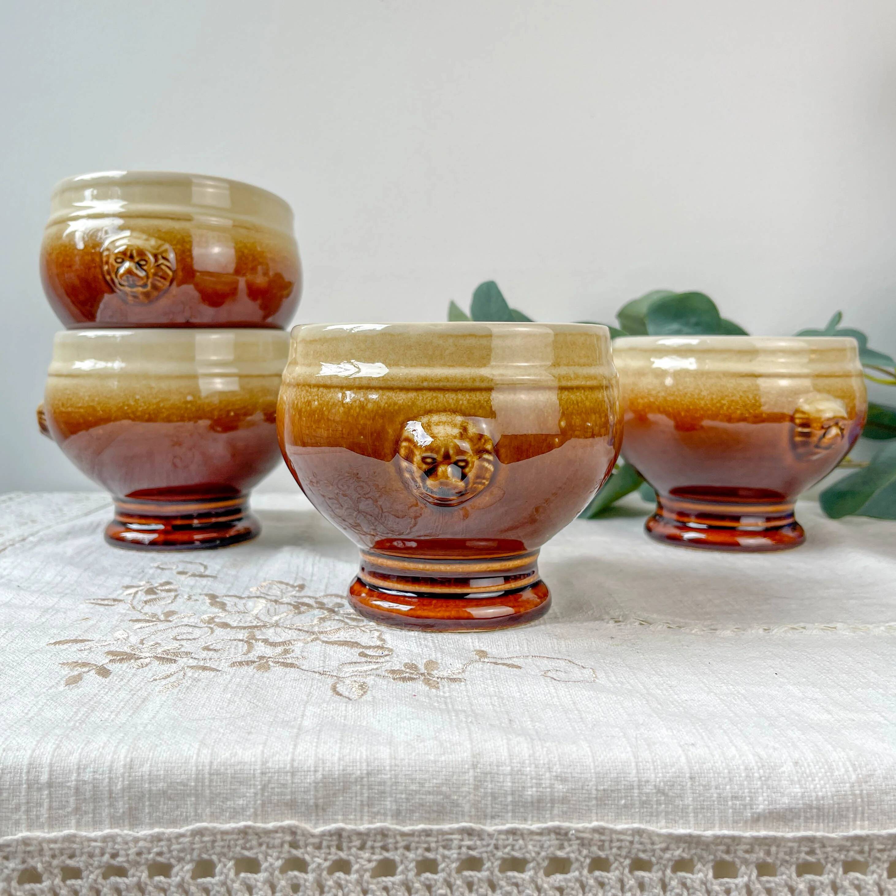 4 speckled two-tone lion head ceramic bowls – Émile Henry style – vintage stoneware made in France