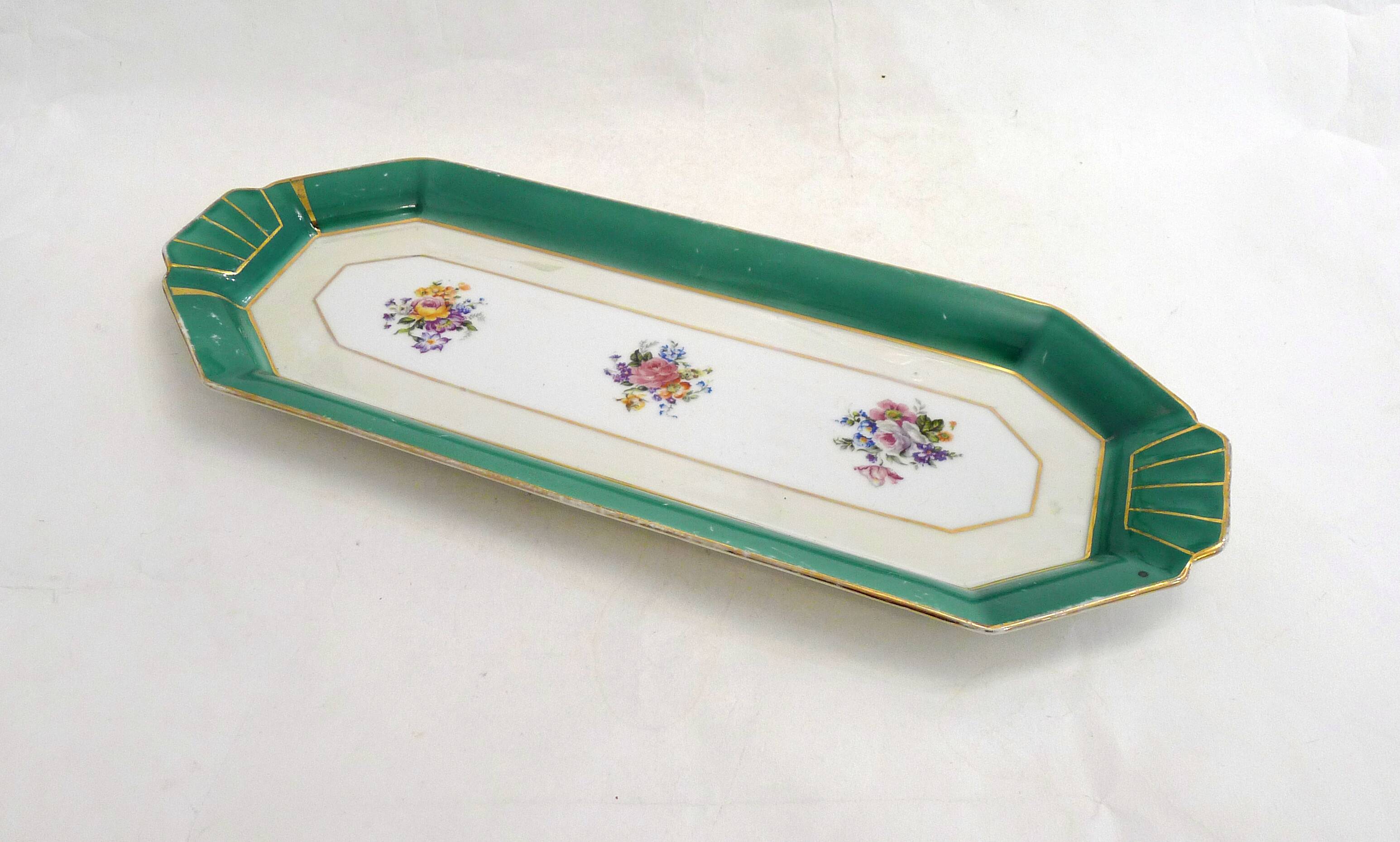 Art Deco floral iridescent cake dish in Limoges porcelain