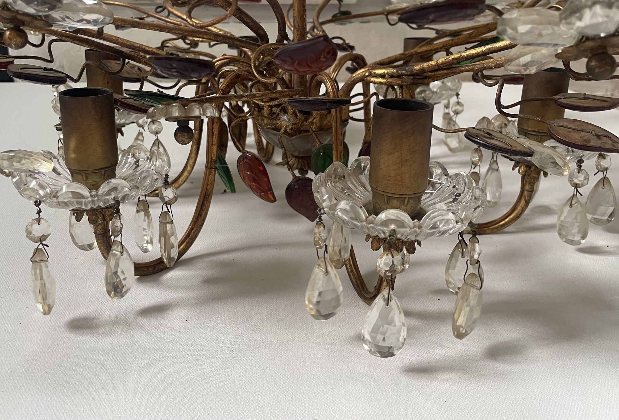 Floral chandelier Banci Firenze with 6 lights, coloured glass and gold metal.