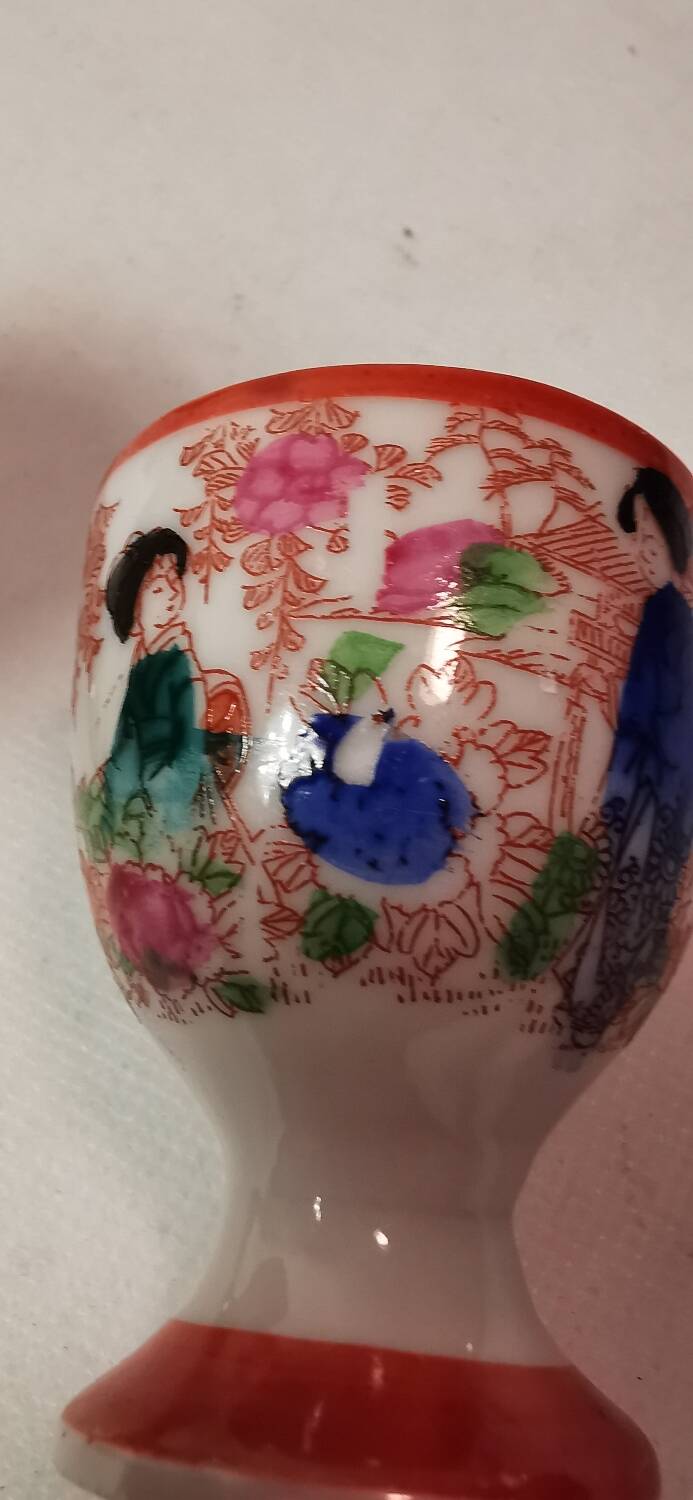 Rare 4 Antique Egg Holders / Egg Cups, Japanese, hand-painted porcelain