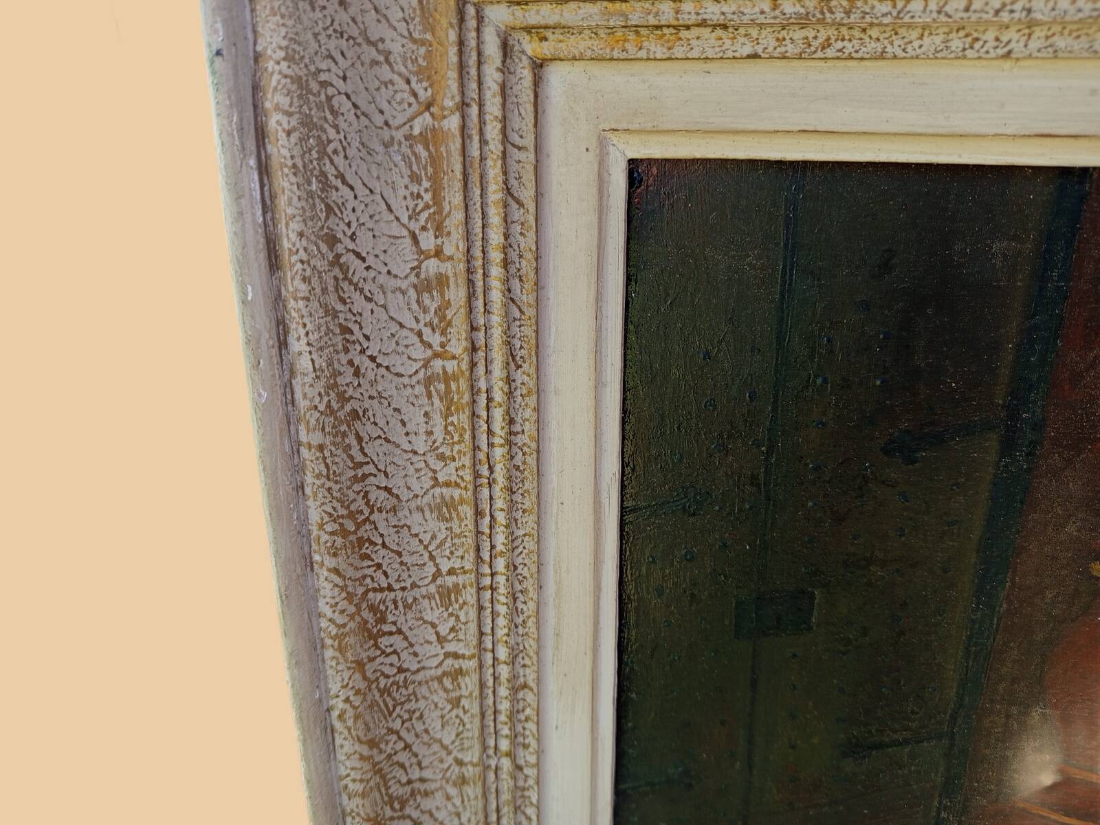 Signed Alphadery Painting – Doves in a Sunlit Courtyard, Antique Frame