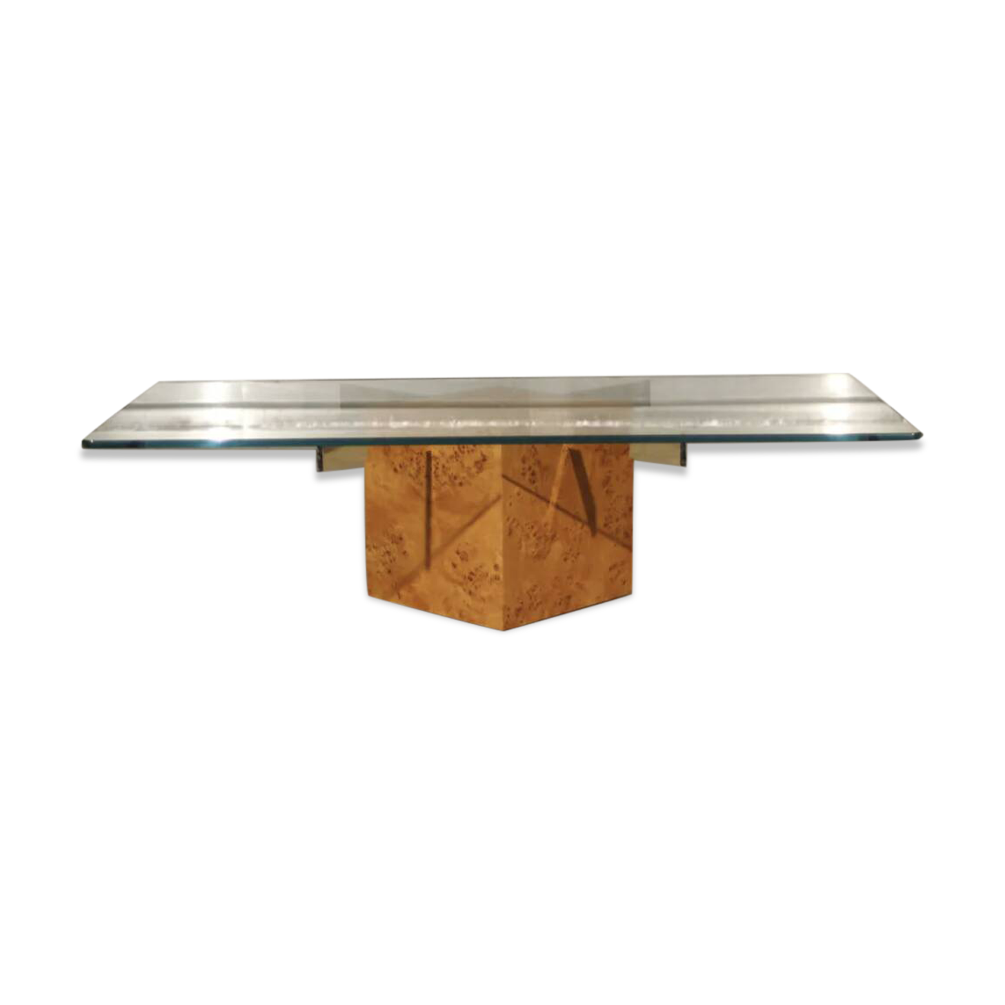 Coffee table in elm burl and tempered glass by Jean-Claude Mahey for Roche Bobois.