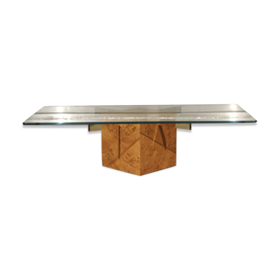 Table basse en loupe d'orme et verre trempé par Jean-Claude Mahey pour Roche Bobois