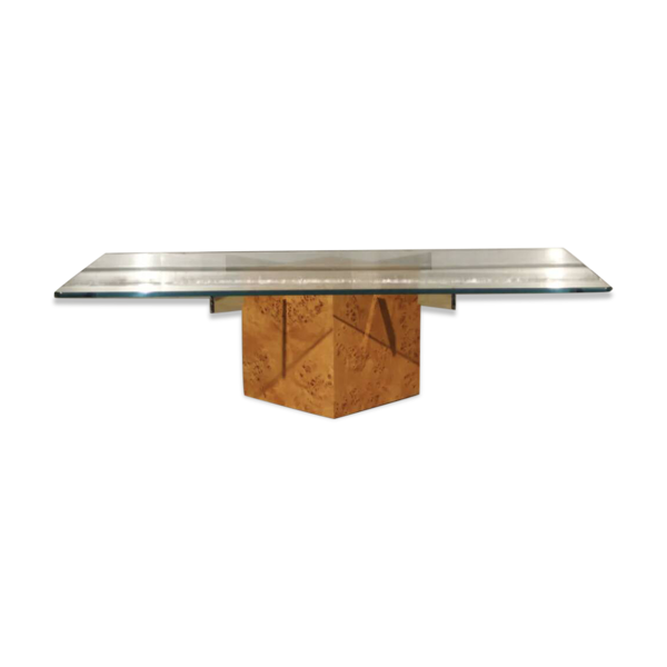 Table basse en loupe d'orme et verre trempé par Jean-Claude Mahey pour Roche Bobois