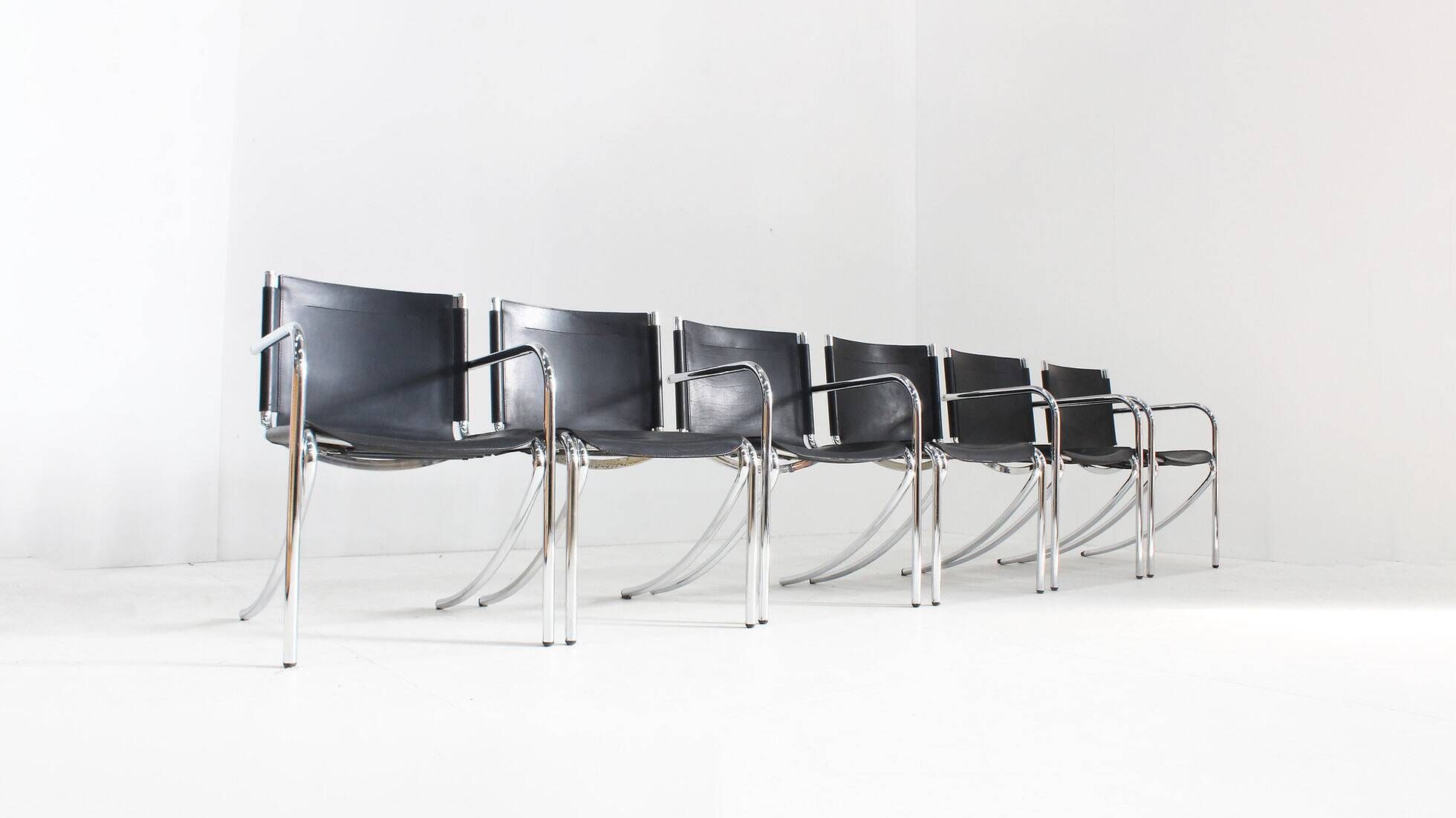 Giotto Stoppino black leather and chrome vintage dining chairs model Jot