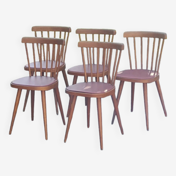 Set de 5 chaises vintage de bistrot en hêtre galette skaï rouge des années 50