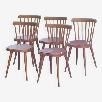 Set of 5 vintage bistro chairs in red skai galette beech from the 50s