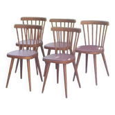 Set of 5 vintage bistro chairs in red skai galette beech from the 50s