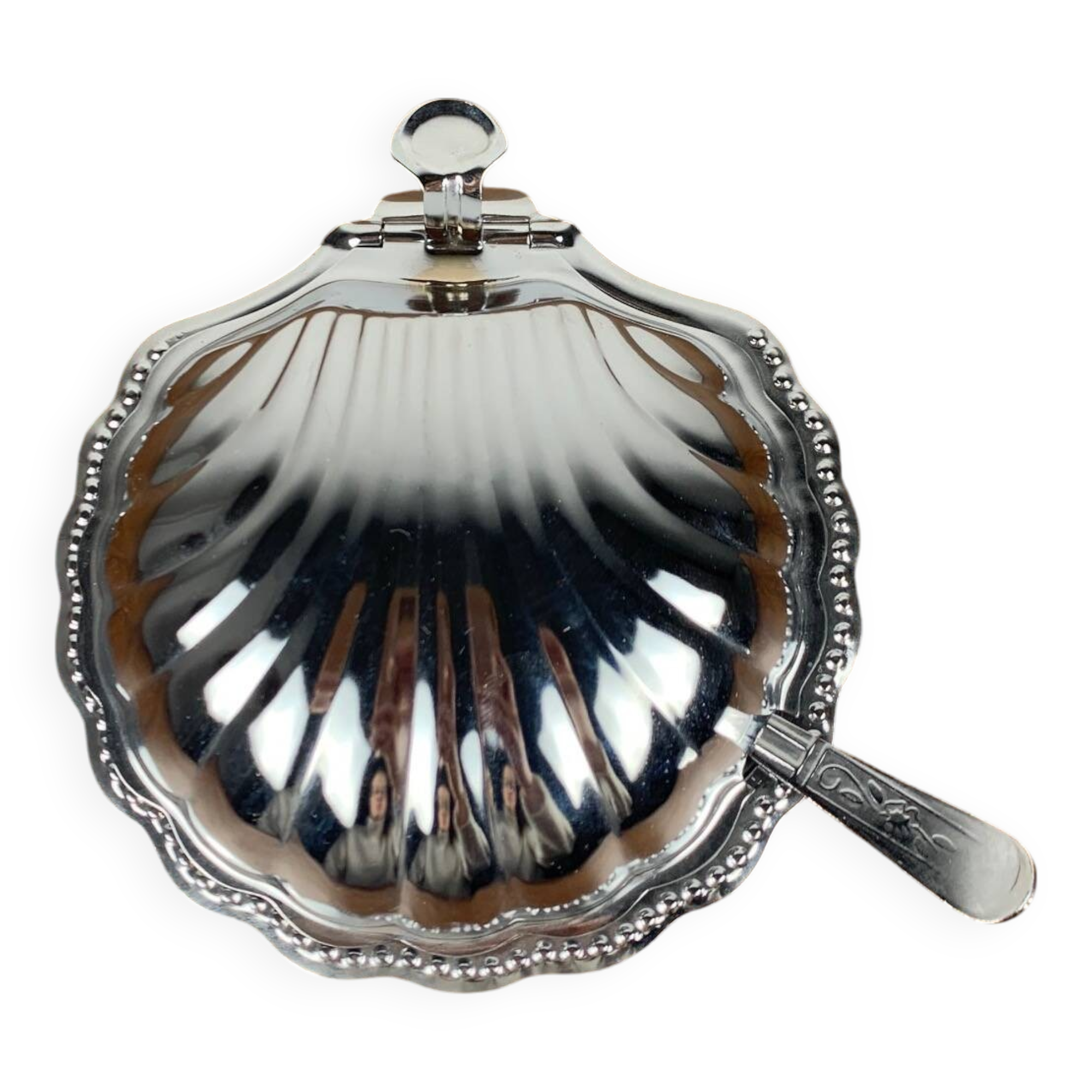 Shell butter dish with vintage knife, silver metal and white insert