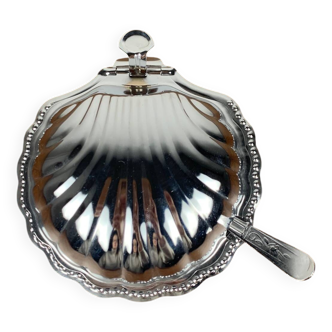Shell butter dish with vintage knife, silver metal and white insert