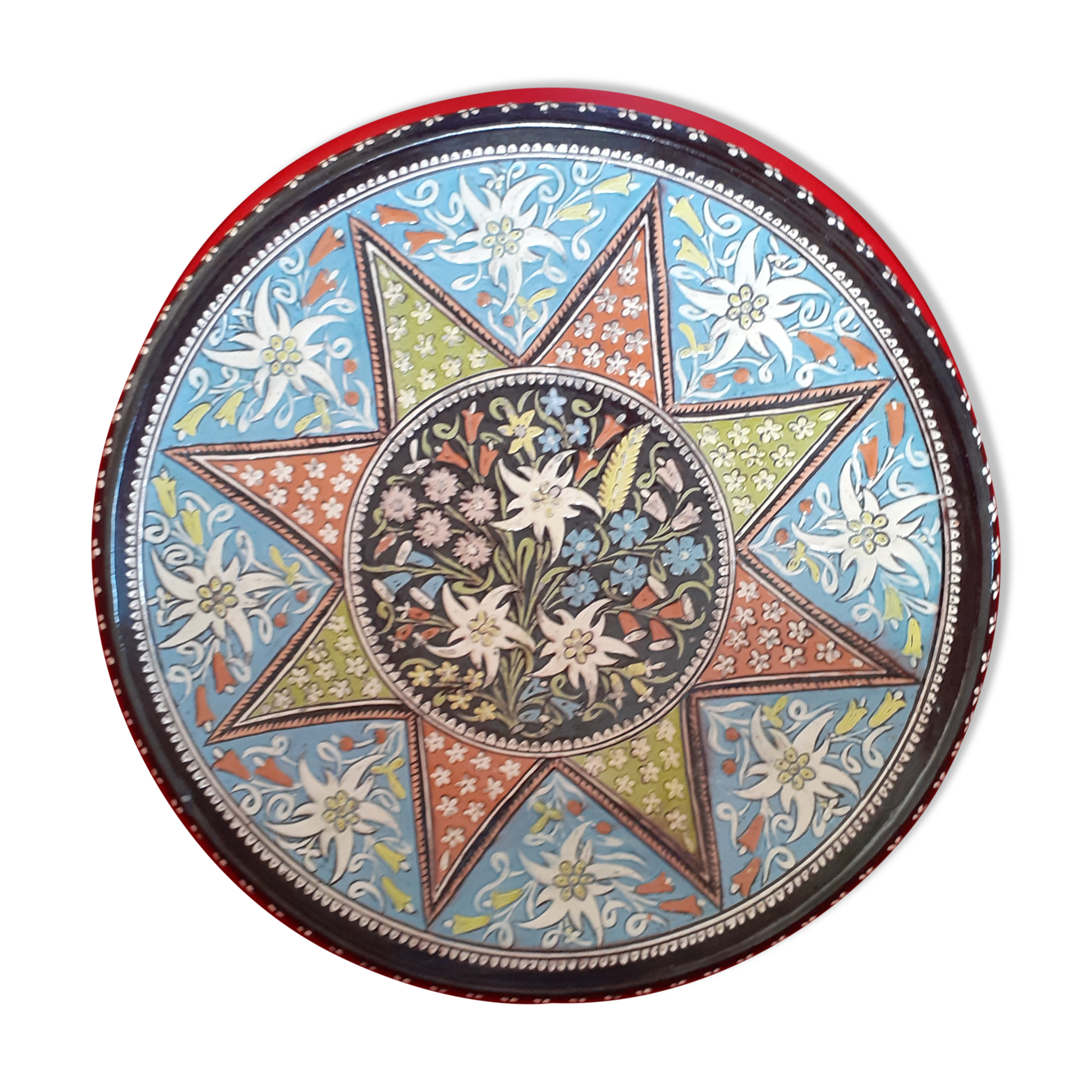 Dish in ridge Thun in polychrome enamels, Rdelweiss