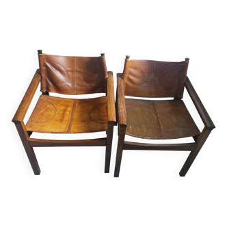Paire de fauteuils safari Michel Arnoult, Brésil 1960, palissandre et cuir