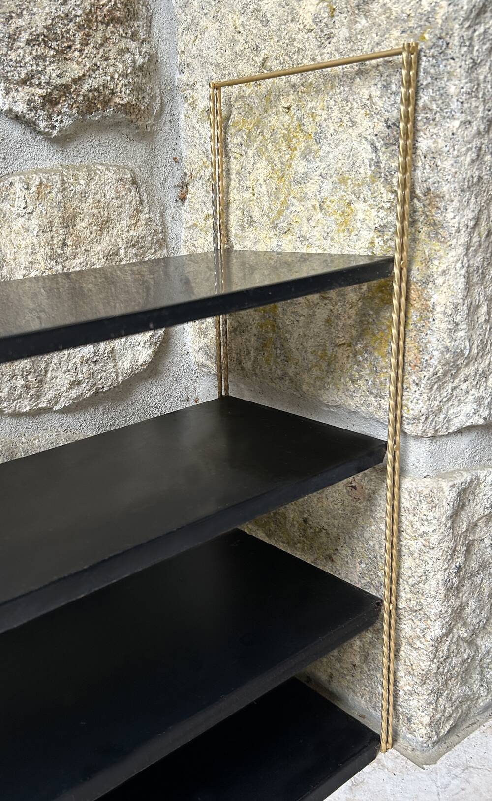 Double gold metal string shelves and black trays, vintage, 60s