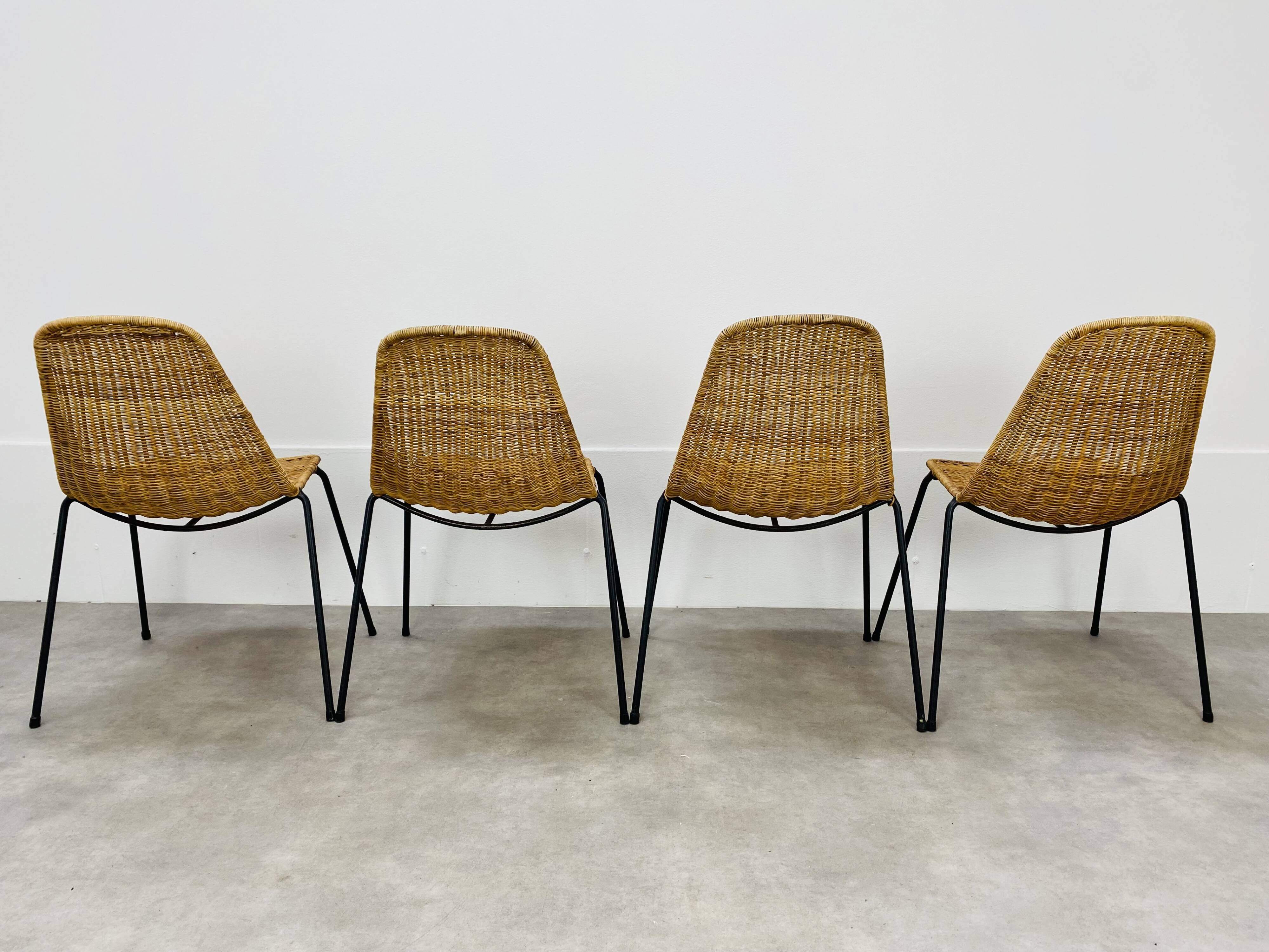 4 chairs Gianfranco Legler model Rattan basketball and metal 50s