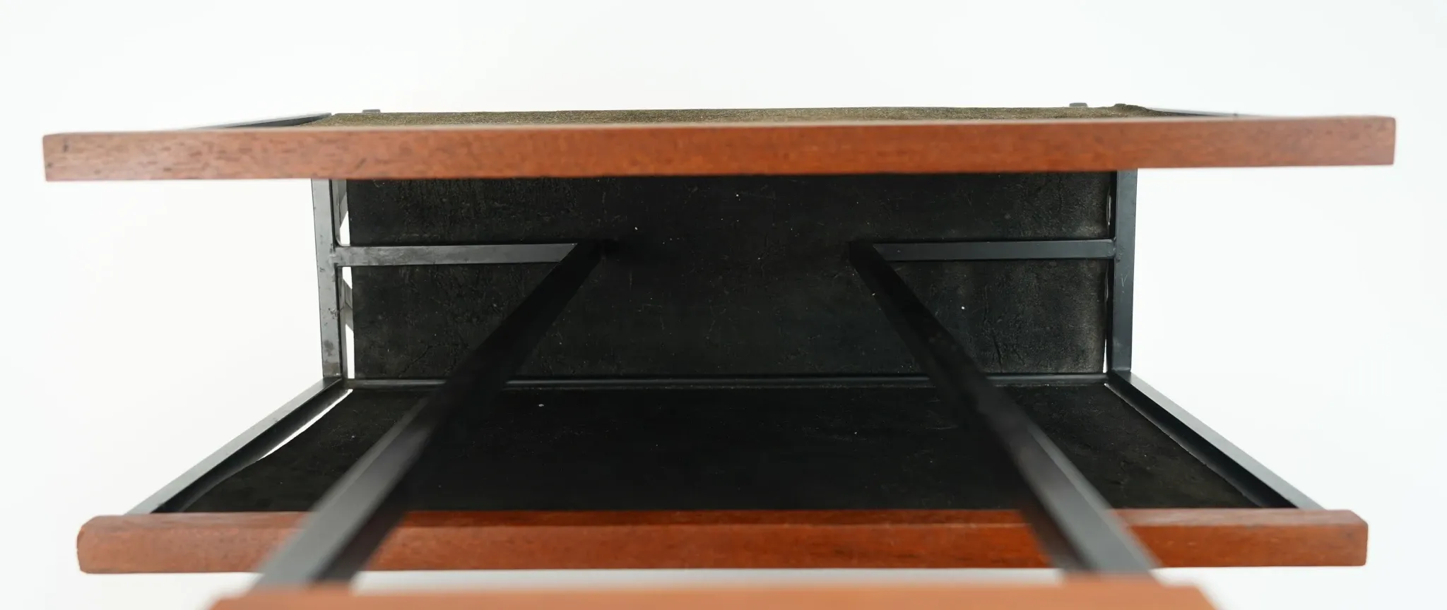 1960s mid century MAGAZINE RACK newspaper holder brown suede metal teakwood
