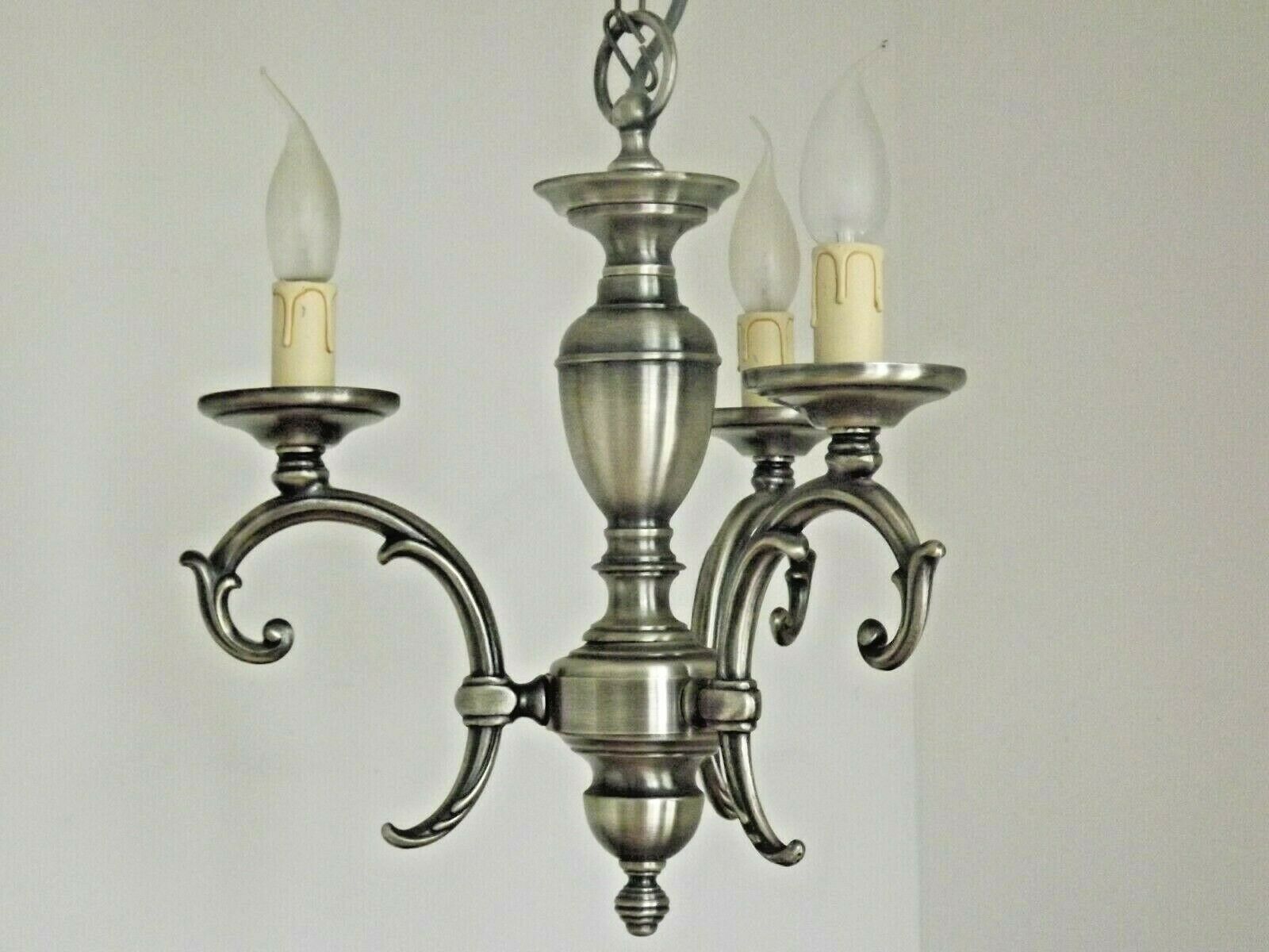 French brushed silver metal 3 light chandelier scroll leaf detail