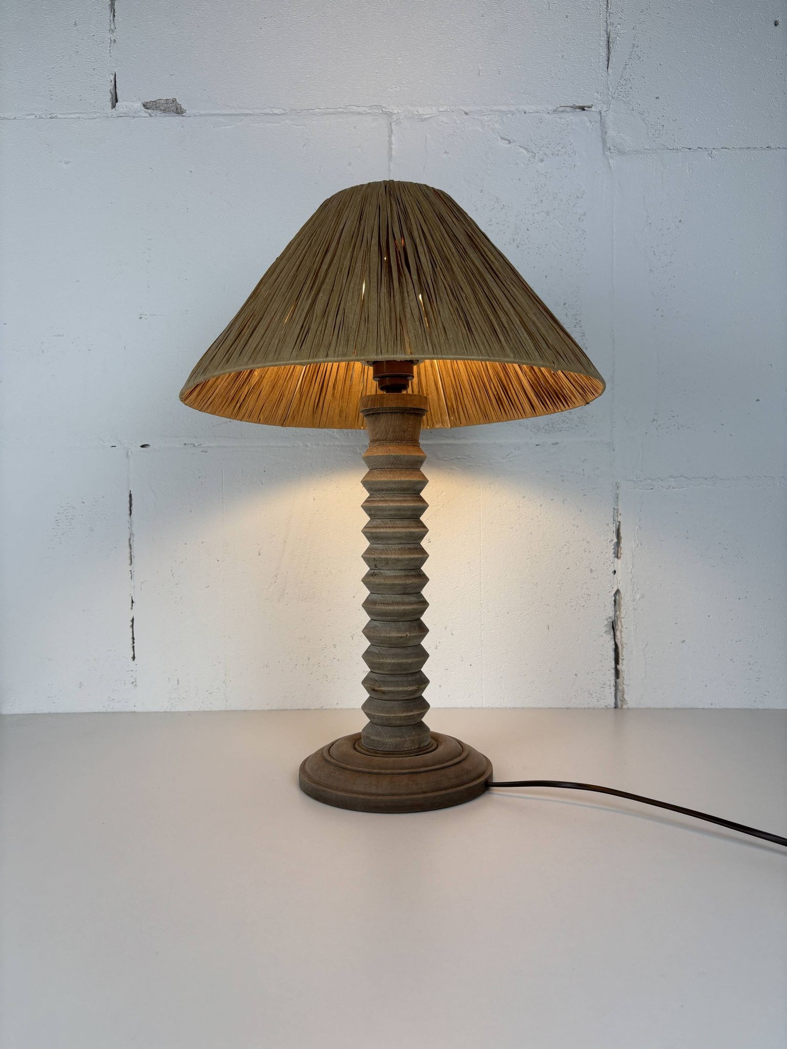 Wabi sabi brutalist wood turned table lamp in the style of Charles Dudouyt