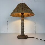 Wabi sabi brutalist wood turned table lamp in the style of Charles Dudouyt