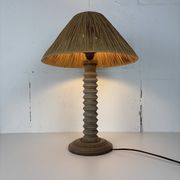 Wabi sabi brutalist wood turned table lamp in the style of Charles Dudouyt