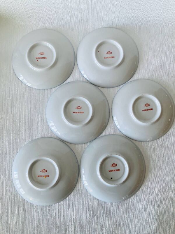 6 Tasses et Sous-Tasses Lomonosov Bleu Cobalt et Frises Or