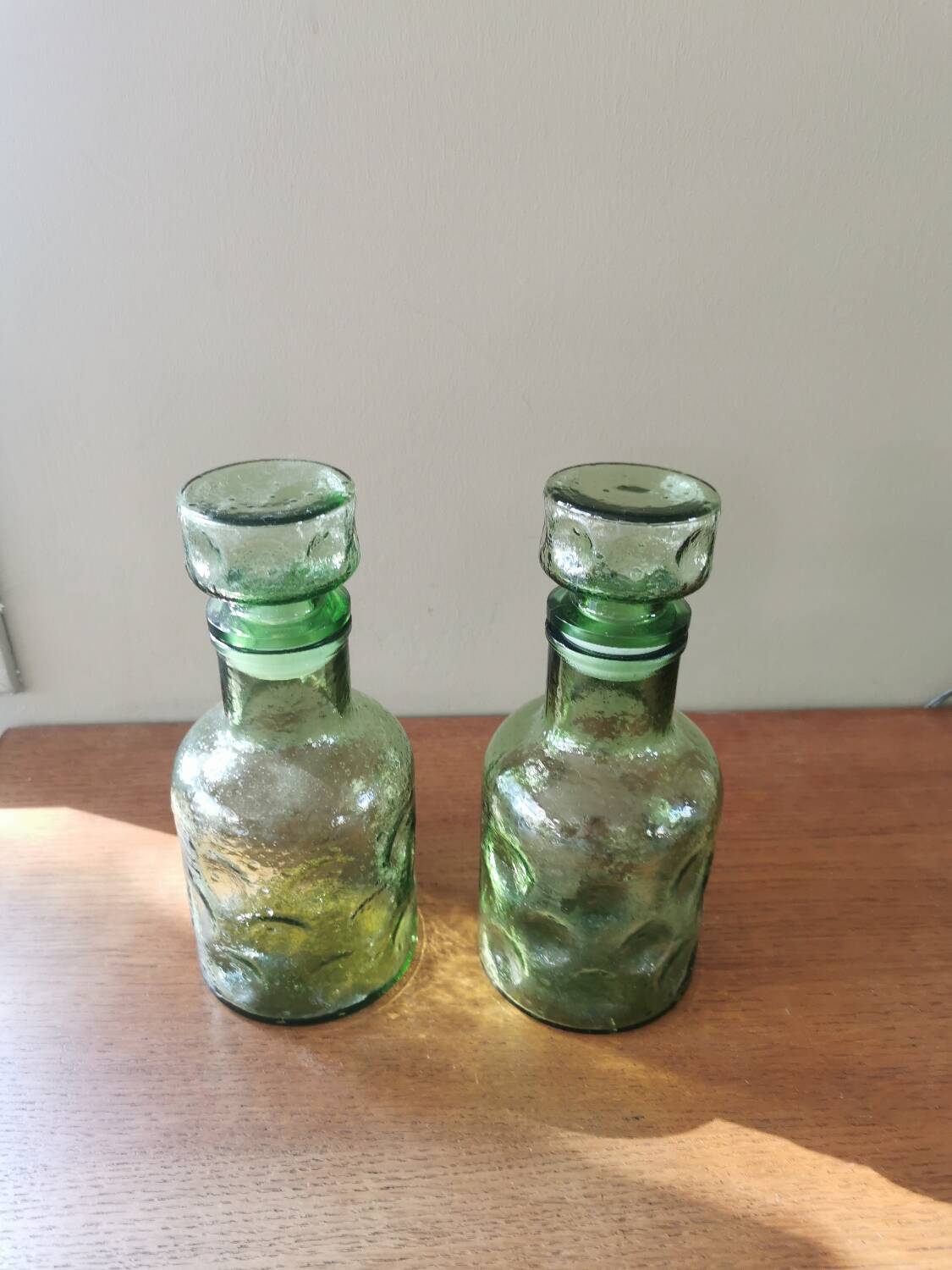 Pair of vintage 70s grainy glass carafes