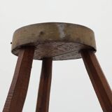 Brutalist French solid oak tripod stool with metal rim, 1850s