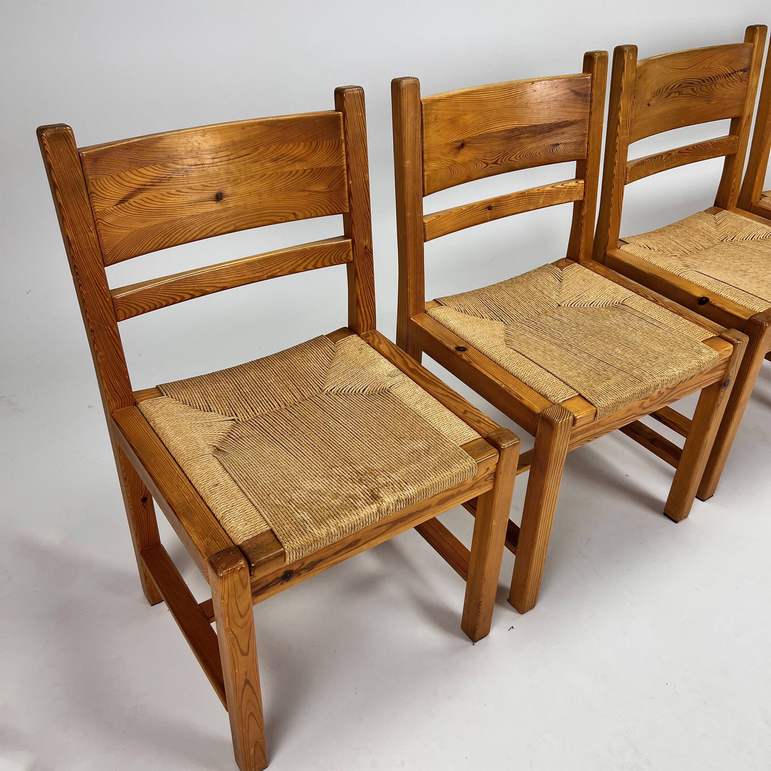 Set of 4 mid century scandinavian pine and papercord dining chairs, 1960s