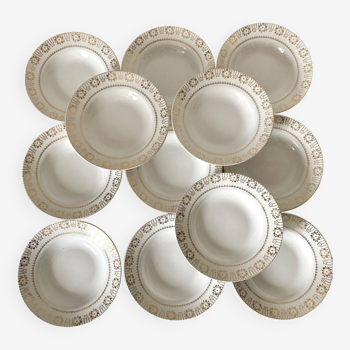 Old soup plates, cream and gold flower decoration