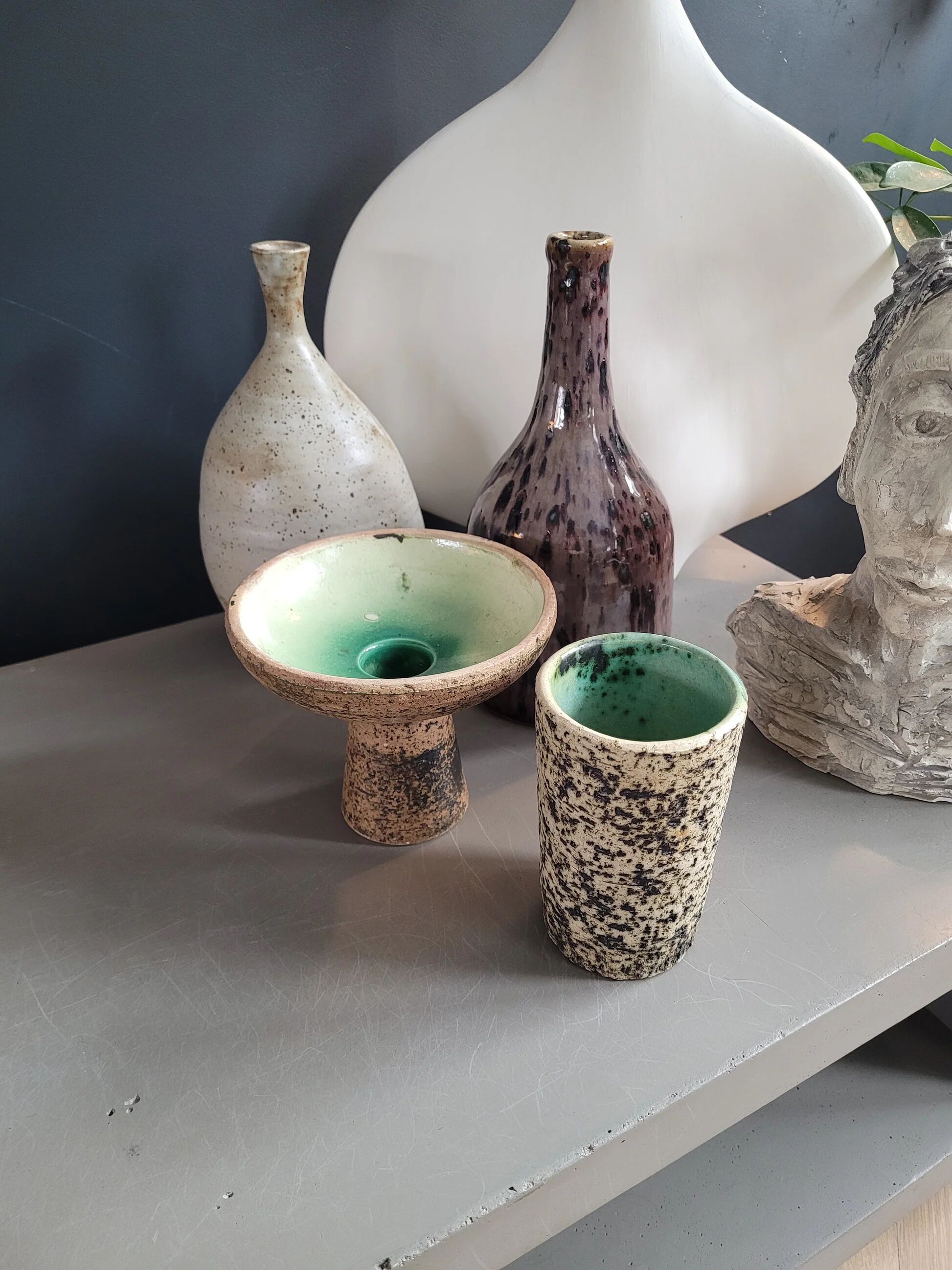 Brutalist ceramic vase and candlestick set
