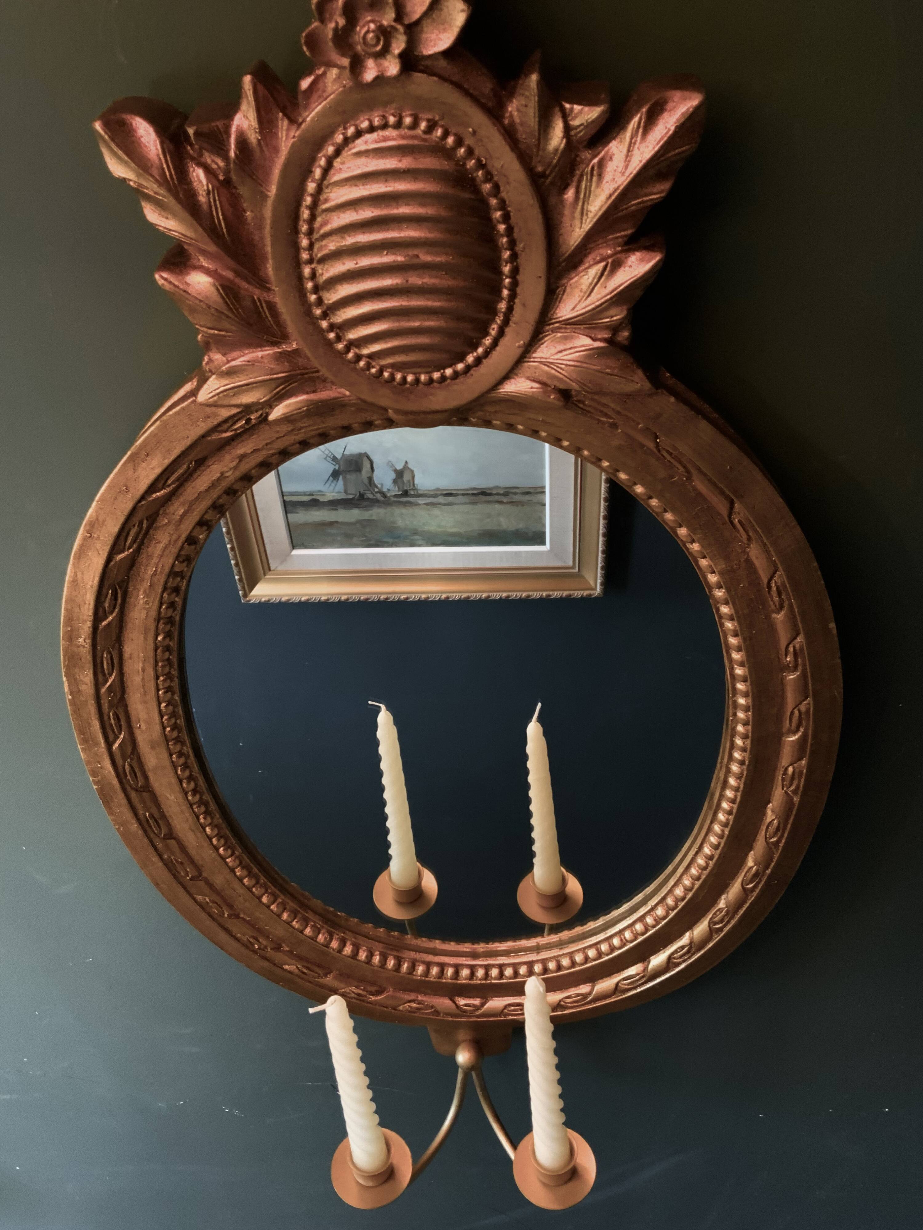 Vintage Swedish Rococo Style Wall Mirror in Gold frame with 2 candle sticks 50s