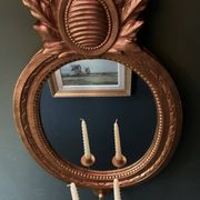 Vintage Swedish Rococo Style Wall Mirror in Gold frame with 2 candle sticks 50s